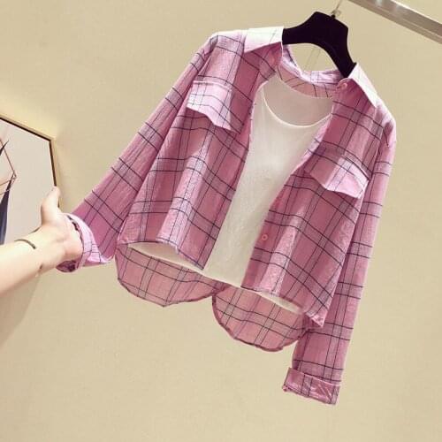Plaid Shirt Womens Long-Sleeved New Summer Korean-Style Loose Hong Kong-Style Retro All-match Sunscreen Top Fashion
