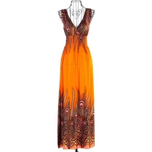 Printing Sundress Vintage V-Neck Dress fashion Out Maxi Dresses Beach Sexy 2020 Summer Boho Women Sling peacock flower Dresses