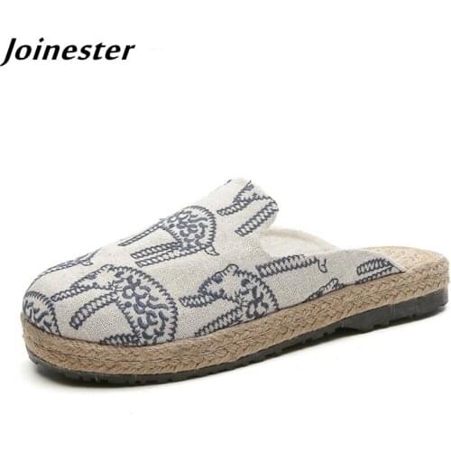 Cotton Fabric Women Summer Slippers Ladies Casual Flat Heel Retro Slides Backless Slip On Sandals for Girls Wide Toe Dress Shoe