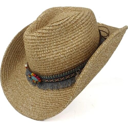 2019 Women Hollow Western Cowboy Hat Lady Summer Straw Bohemian Tassel Sombrero Hombre Beach Cowgirl Jazz Sun Hat Size 56-58CM