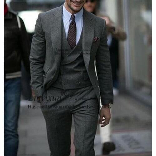 Gray Tweed Wool Men Suits for Wedding Peaked Lapel 3 Piece Custom Groom Tuxedos Suit Set Jacket Vest with Pants 2020 Fashion