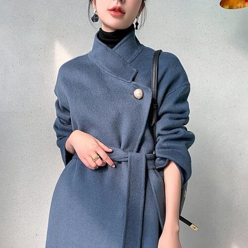 High-end cashmere coat womens mid-length loose retro stand-up collar double-sided woolen woolen cloth for autumn and winter