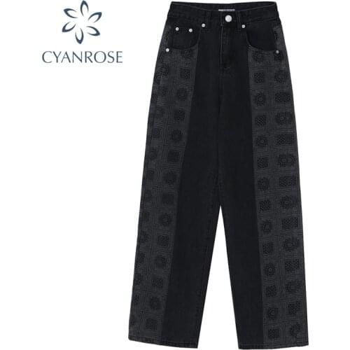 Vintage Print Long Denim Pants Women 2020 Autumn Winter High Waist Wide Straight Jeans Trousers Female Fashion Oversized Pants