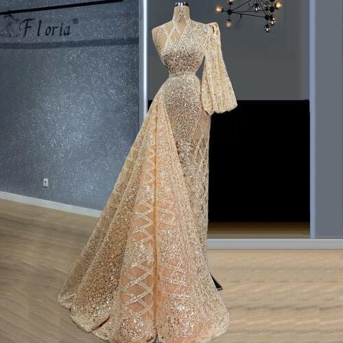 Champagne Evening Dresses For Women Elegant Mermaid Sequin Long Wedding Formal Gown Special Occasion Abendkleider 2021
