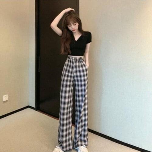 High waist plaid pants suit womens summer new cropped tops fashion sports leisure wide-leg pants two-piece suit y2k tops E-girl