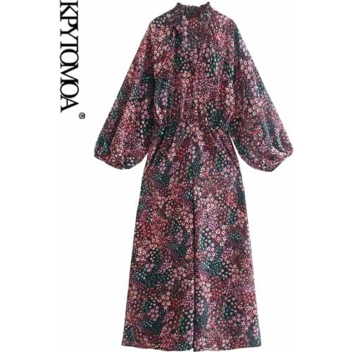 KPYTOMOA Women 2021 Fashion With Covered Buttons Floral Print Jumpsuits Vintage Puff Sleeve Side Zipper Female Playsuits Mujer