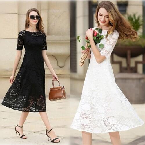 2017 Spring women lace long dress Mid-calf elegant Cute Slash-Neck women hollow lace dresses for party solid lace dress