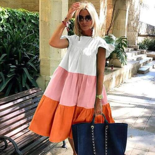 WYBLZ Summer Elegant Patchwork Hit Color Dress Women O Neck Short Sleeve Oversized Casual Midi Dresses Female Sundress Clothes