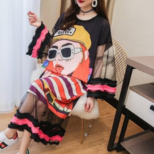 Women Autumn Fashion Dress Cartoon Print Fall Dress Beautiful Chiffon Ruffles Patchwork Dress Loose Fit