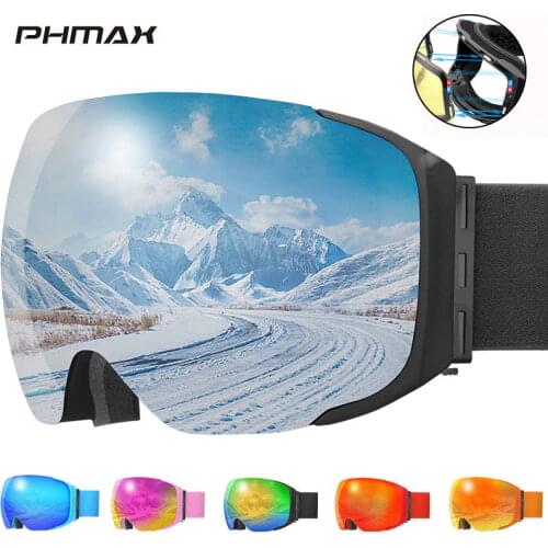 PHMAX Winter Ski Goggles Magnetic Double Layer Anti-Fog Ski Glasses Anti-Glare Snowboard Glasses Anti-UV Protective Ski Mask