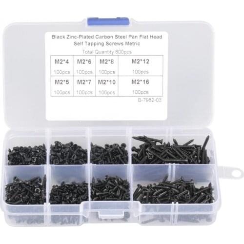 800Pcs/Lot M2 Cross Screws Self Tapping Screws Carbon Steel Countersunk Flat Cross Head Screw Bolt Set Assortment Kit Black