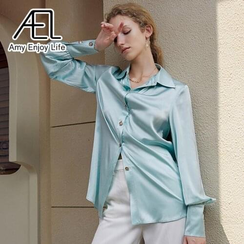 AEL Acetate Satin Blouses Light Green Vintage Female Casual Summer Shirts Loose Long-Sleeve Chic-Tops Streetwear