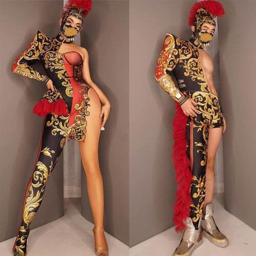 Red Tassel Asymmetrical Jumpsuit Floral Print Women Men DJ Singer Bodysuit Stage Wear Party Evening Costume Role-Playing Costume