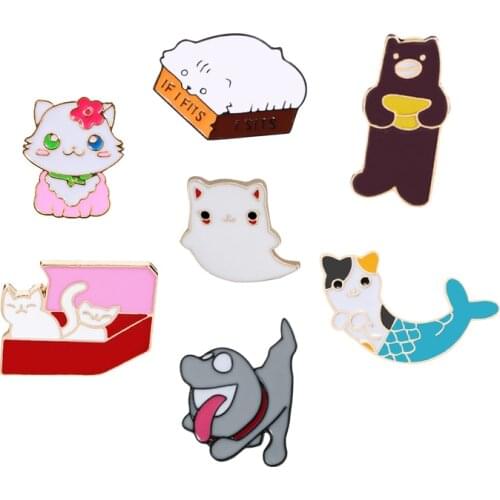 Cartoon Animal Brooches Cute Cat in box Crazy Dog Bear Enamel Pins Jackets Bag Badge Lapel Pin Gifts for Kids Pet Lovers