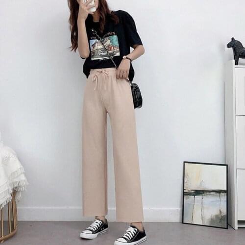 Womens Loose High Waisted Pants Wide Leg Soft Ice Silk Ankle-Length Pants Solid Comfort Korea Style Casual Trousers Summer