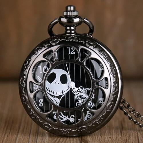 Black Steampunk Pocket Watches Tim Burtons Christmas Theme Flower Case Hollow Quartz Pocket Watches For Mens Womens