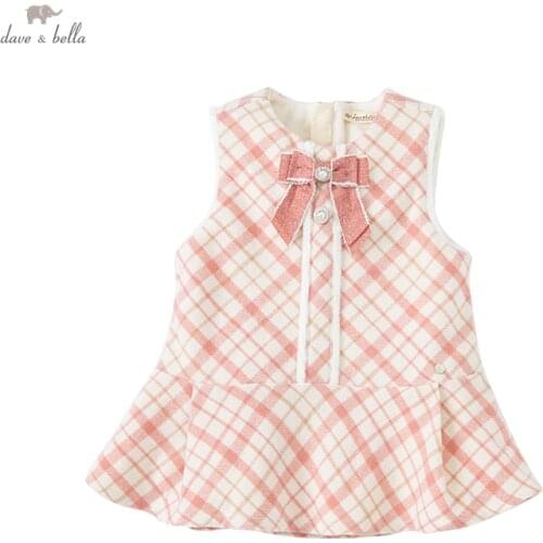 DBL19222 dave bella winter baby girls cute bow plaid draped dress children fashion party dress kids infant lolita clothes