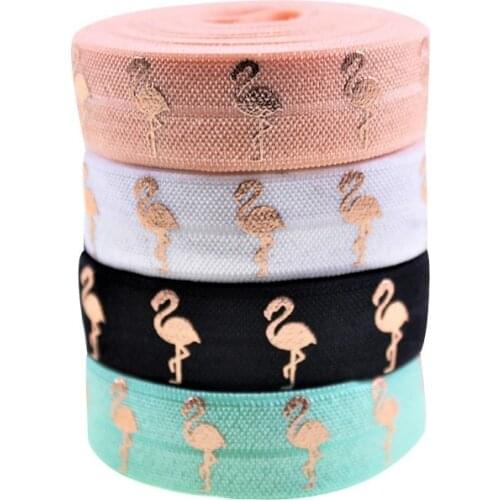 5/8" 15mm rose gold foil FOE flamingos printed fold over elastic webbing elastic band