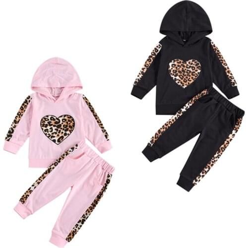 FOCUSNORM 1-5Y Autumn Kids Girls Clothes Sets Leopard Print Heart Long Sleeve Hooded Tops Pants 2pcs