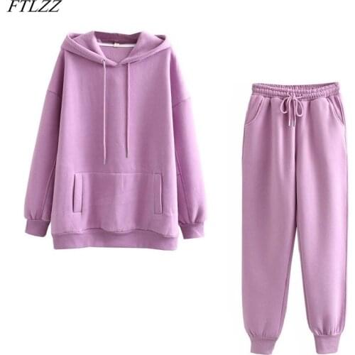 FTLZZ 2020 New Autumn Winter Women Thick Fleece 100% Cotton Suit 2 Pieces Sets Hoodies Sweatshirt and Pants Suits
