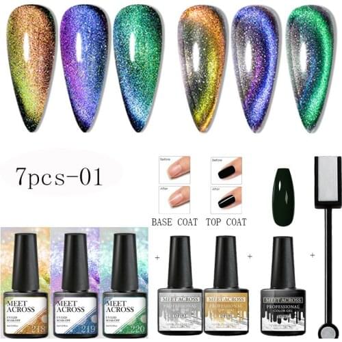 MEET ACROSS 9D Galaxy Cat Eye Gel Set 7PCS Chameleon Magnetic Nail Varnish Soak Off UV LED Gel With Base Top Coat Lacquer