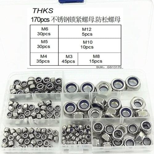 GTBL 170Pcs 7 Sizes 304 Stainless Steel Nylon Lock Nut Assortment Kit M3 M4 M5 M6 M8 M10 M12 Nylon Insert Locknut