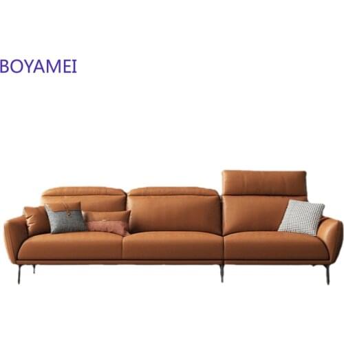 Italian minimalist leather sofa orange head layer cowhide straight row small household-type comb hair sofa