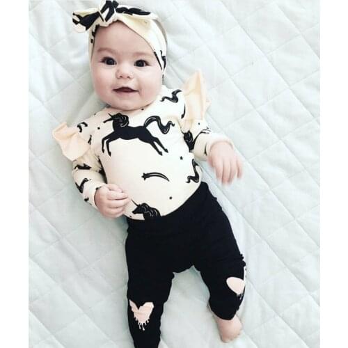 3pcs/set Newborn Baby Girls Toddler Clothes Set Unicorn Printed Rompers+Legging Pants+Headband Breathable Cotton Infant Suits