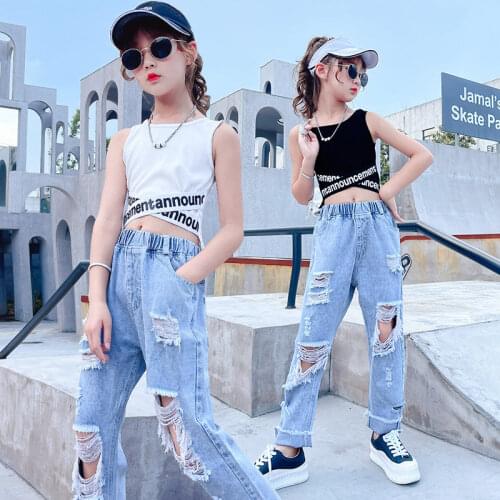 Cool Teen kids Girls Clothing Set Letter Print Cross Crop Tops Ripped Hole jeans Pants 2PC Streetwear Children girl Outfits suit