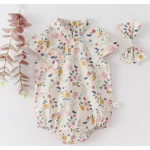 2021 Summer Baby Girls Rompers Baby Clothes Floral Cheongsam Rompers + Hair Band Infant Girls Clothing