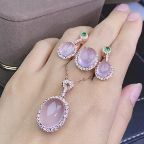 Best Gift Real and Natural Natural Rose Quartz jewelry set Rose Quartz 925 sterling silver 1pc pendant,1pc ring,2pcs Earring