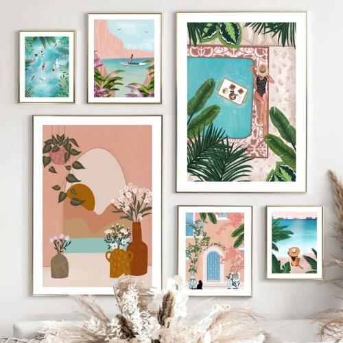 Morocco Woman Swimming Pool Banana Leaf Wall Art Canvas Painting Nordic Posters And Prints Wall Pictures For Living Room Decor