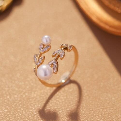 925 New Fashion Diamond Pearl Leaf Adjustable Ring Design Exquisite Light Luxury High Sense Of Cold Wind For Women Fine Jewelry