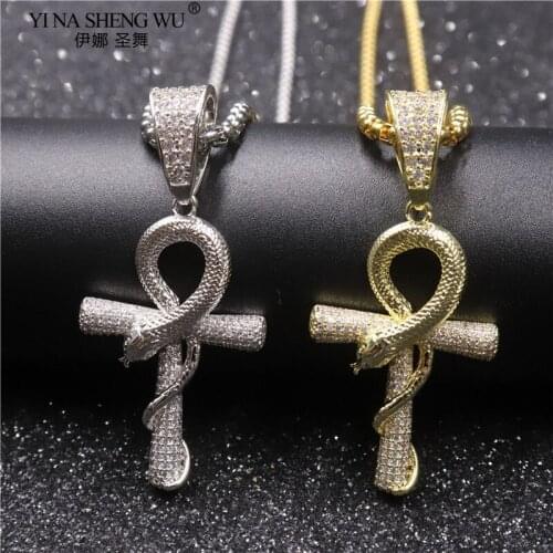 Men Hip Hop Rock Style Iced Out Ankh Cross With Snake Pendant Necklaces Pave Setting Male Vintage Necklace Hiphop Jewelry Gifts