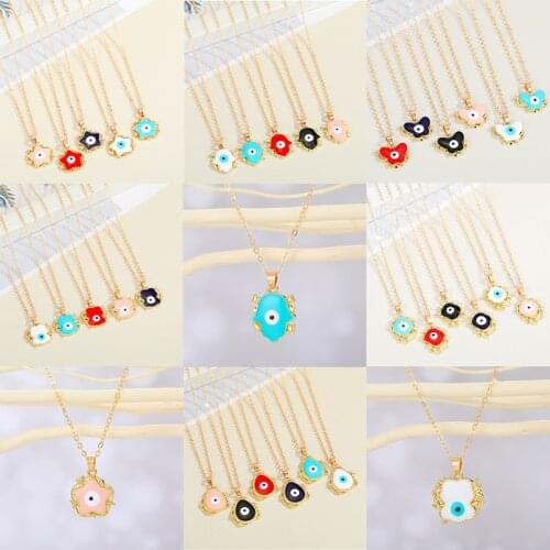 1PC Enamel Fatima Hand Butterfly Pendant Necklace For Women Vintage Oval Waterdrop Star Turkish Evil Eye Clavicle Chain Jewelry