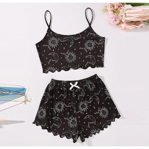 Vintage Print Pajama Sets Women Silk noodles Sets Wear Lounge Wear Home Sleep Set Camisole Tops+Pants pijama mujer verano