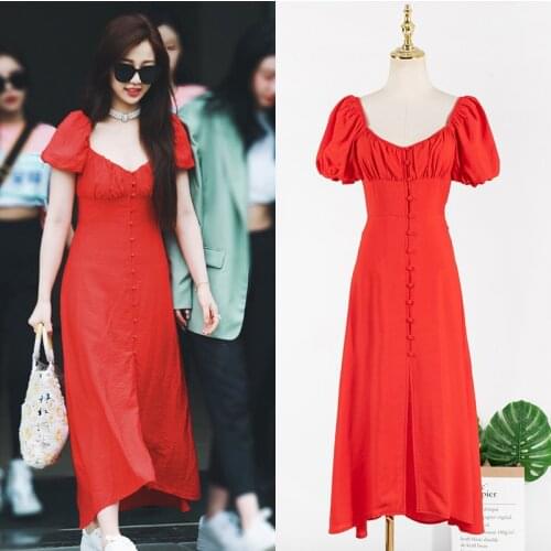 Kpop Seo Yea Ji IU Lee Ji Eun party elegant puff sleeved red long dress women summer new sexy casual High waist backless dresses