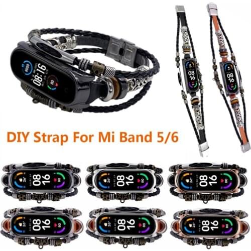 Retro Strap For Mi Band 6 5 Leather Beading Bracelet Fashion Braided Strap For Xiaomi Mi Band6 Mi Band5 Mi Band 4 3 Wristband