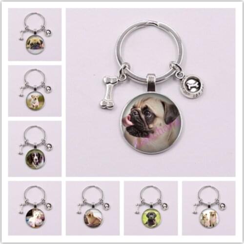 Cute Animal Terrier Pug Dog Glass Cabochon Keychain Poodle Teddy Art Picture keyring men women jewelry gift