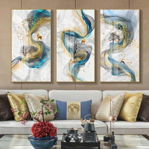 Nordic Geometric Wall Art Canvas Painting Abstract Golden Deer Birds Posters and Prints Wall Pictures for Living Room Home Decor