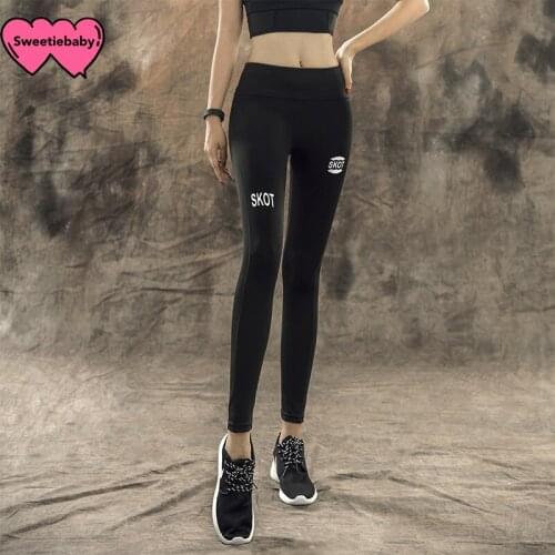 Active Women Sport Yoga Pants High Waist Black Femme Letters Print Push Up Fitness Running Leggings Mujer Workout Tights