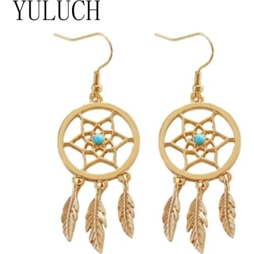 YULUCH Original Dream Catcher Girl Alloy Gold Earrings For Women Three Feathers Alloy Pendant Jewelry
