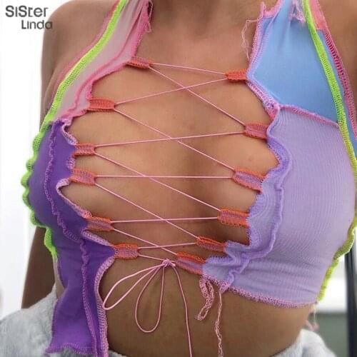 Sisterlinda Contrasting Sexy Lace Up Strap Short Tank Top Ladies Camisoles Ribbed Knitting V-neck Vest Streetwear 2020 New Tees