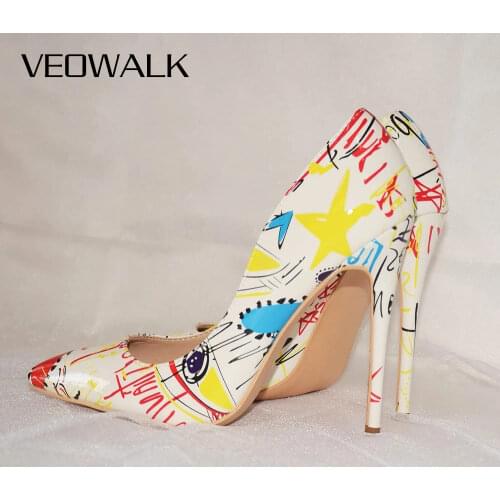 Veowalk Artistic Graffiti Printed Women Sexy Stiletto High Heels Ladies Wedding Party Pointed Toe Pumps Shoes Customized Accept