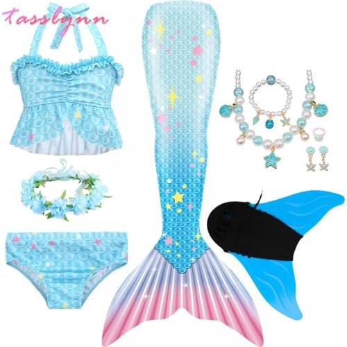 Blue Girls Swimmable Mermaid Tail Princess Dress with Monofin Kids Holiday Mermaid Cosplay Costume Birthday Mermaid Swimsuit