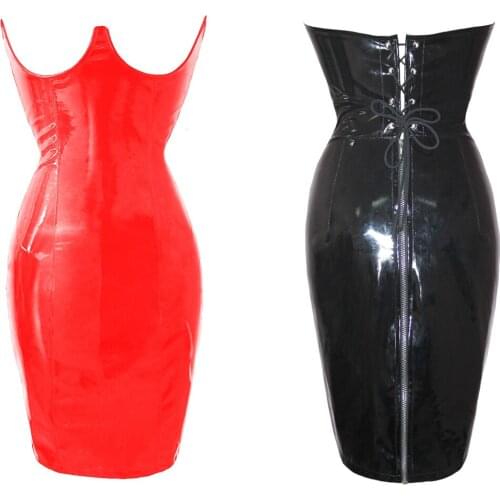 Women Sexy Open Bust Wetlook PVC Leather Dress Red Black Bandage Bodycon Underbust Corset Dresses Fetish Clubwear Party Costume