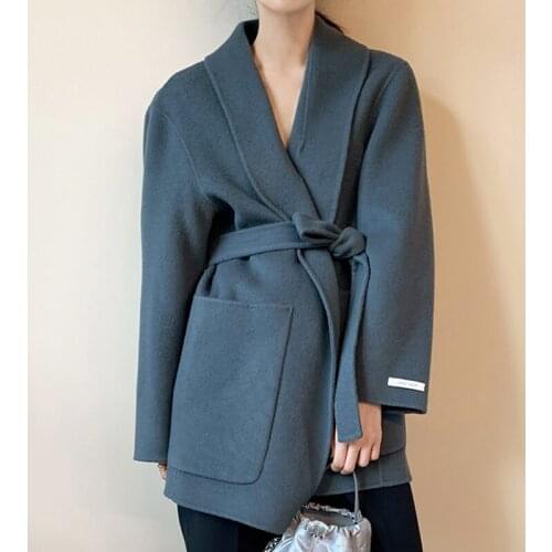 Korean Style Wool Coat Women Fashion Turn Down Collar Long Sleeve Bandage Coat Ladies Elegant Woolen Outwear