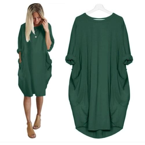 Womens Pocket Loose Dress Ladies Crew Neck Casual Long Tops Dress Plus Size Robe de femme дамское платье Grande robe