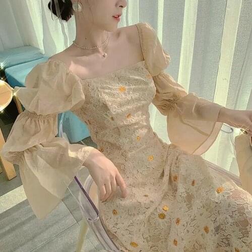 Women Spring Print Floral Midi Dress Vintage Franch Female Lace Patchwork Dress Casual Square Collar Lady Boho Vestidos