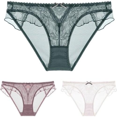 3 Piece Sexy Lace Trim Womens Panties Plus Size Low Rise Transparent Temptation Mesh Hip Up Briefs Set